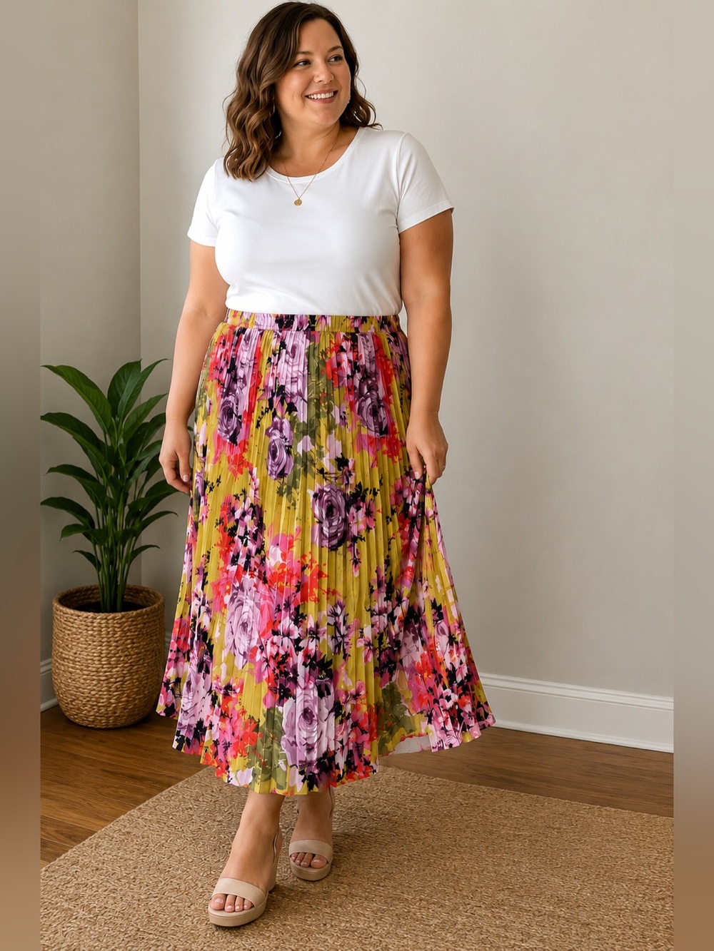 NWT Mlle Gabrielle Women’s Pleated Floral Midi Skirt | Size 2X